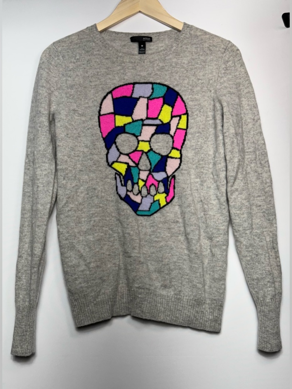 Aqua Cashmere Gray Colorful Skull Crewneck 100% Cashmere Sweater Sz Small